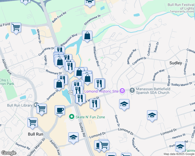 map of restaurants, bars, coffee shops, grocery stores, and more near 10513 Montrose Way in Manassas