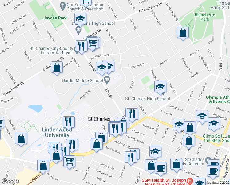 map of restaurants, bars, coffee shops, grocery stores, and more near 1964 West Adams Street in Saint Charles