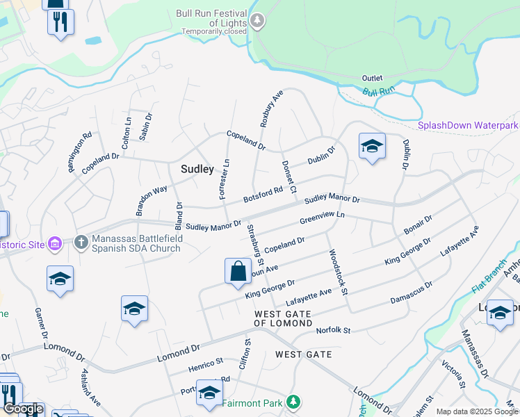 map of restaurants, bars, coffee shops, grocery stores, and more near 9814 Sudley Manor Drive in Manassas