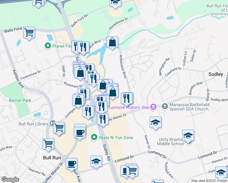 map of restaurants, bars, coffee shops, grocery stores, and more near 7604 Helmsdale Place in Manassas