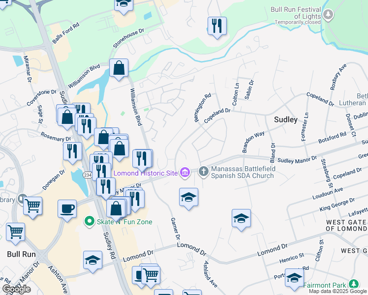 map of restaurants, bars, coffee shops, grocery stores, and more near 7645 Callan Drive in Manassas