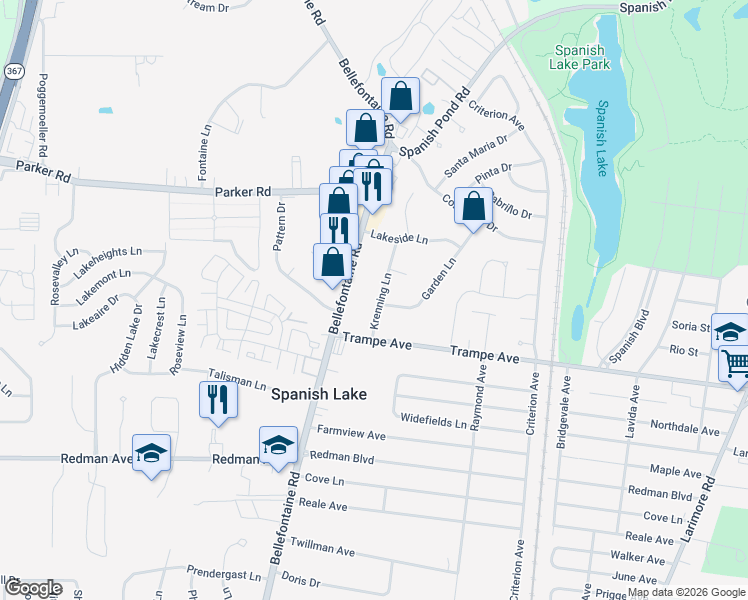 map of restaurants, bars, coffee shops, grocery stores, and more near 12048 Krenning Lane in St. Louis