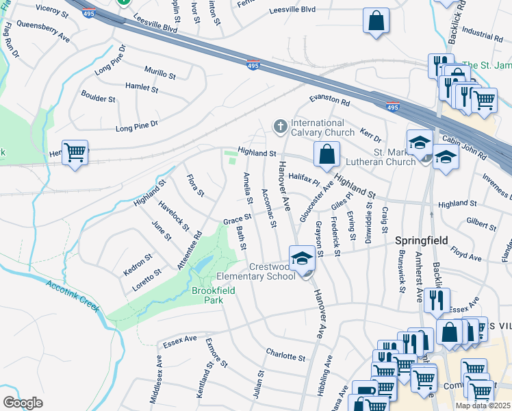 map of restaurants, bars, coffee shops, grocery stores, and more near 5821 Amelia Street in Springfield