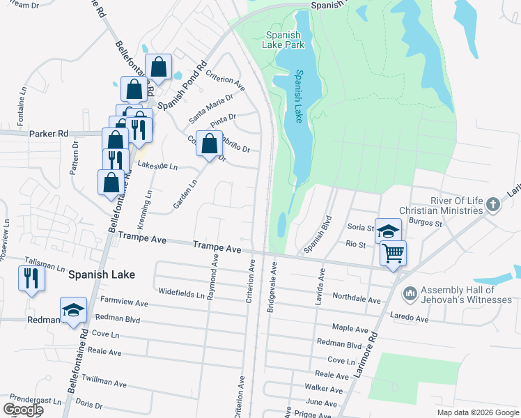 map of restaurants, bars, coffee shops, grocery stores, and more near 12038 Criterion Avenue in St. Louis