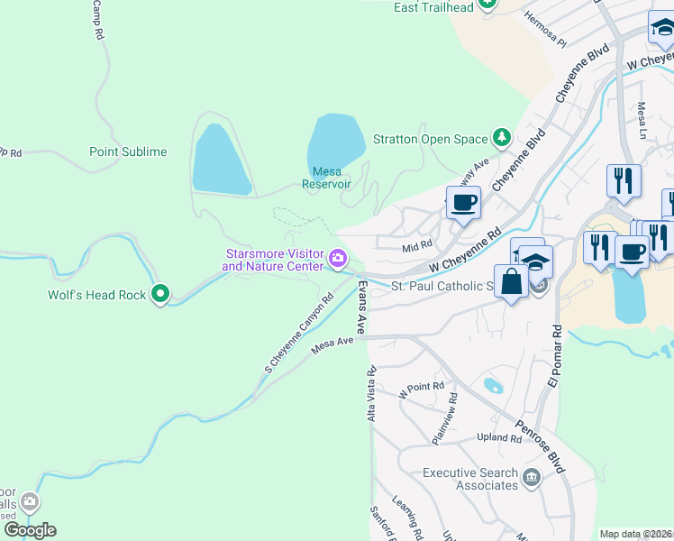 map of restaurants, bars, coffee shops, grocery stores, and more near 2120 North Cheyenne Canyon Road in Colorado Springs