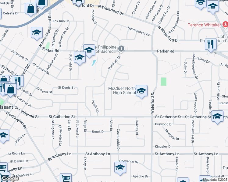 map of restaurants, bars, coffee shops, grocery stores, and more near 885 Preakness Lane in Florissant