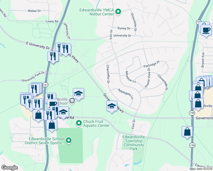map of restaurants, bars, coffee shops, grocery stores, and more near 1217 Chancellor Drive in Edwardsville