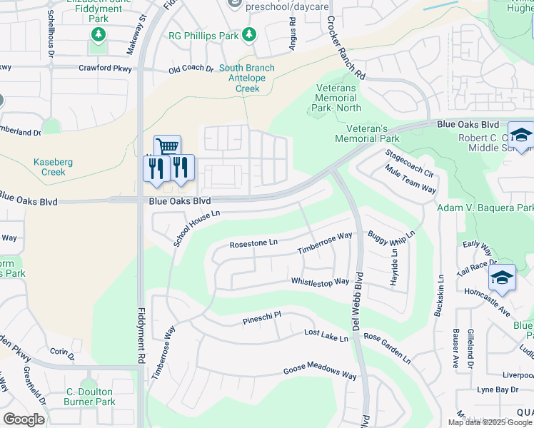 map of restaurants, bars, coffee shops, grocery stores, and more near 7536 School House Lane in Roseville