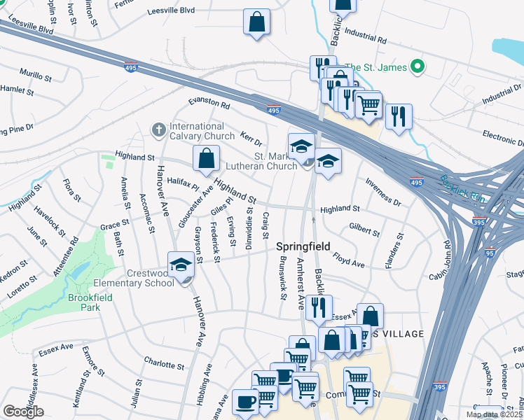 map of restaurants, bars, coffee shops, grocery stores, and more near 5900 Craig Street in Springfield