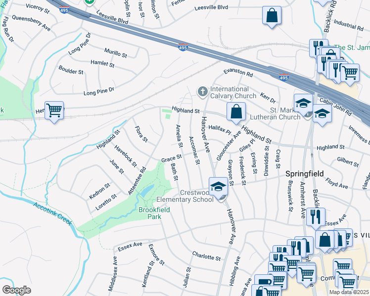 map of restaurants, bars, coffee shops, grocery stores, and more near 5821 Amelia Street in Springfield