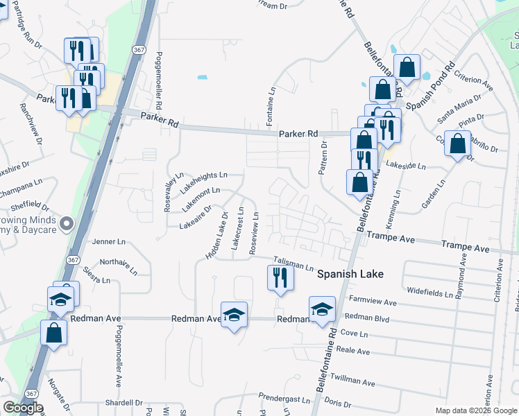 map of restaurants, bars, coffee shops, grocery stores, and more near 11974 Roseview Lane in St. Louis