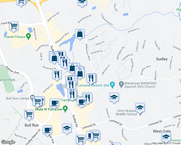 map of restaurants, bars, coffee shops, grocery stores, and more near 10507 Montrose Way in Manassas