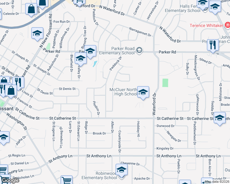 map of restaurants, bars, coffee shops, grocery stores, and more near 885 Preakness Lane in Florissant