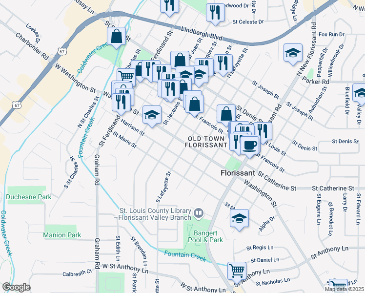 map of restaurants, bars, coffee shops, grocery stores, and more near 680 Washington Street in Florissant