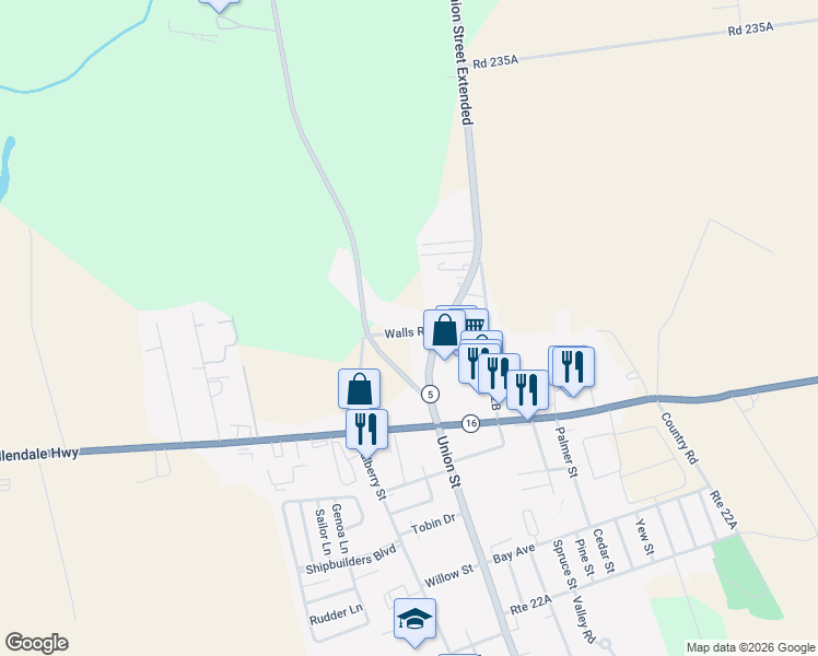 map of restaurants, bars, coffee shops, grocery stores, and more near 24887 Walls Road in Milton