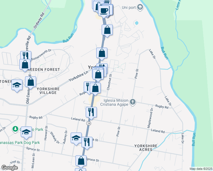 map of restaurants, bars, coffee shops, grocery stores, and more near 7636 Chestnut Street in Manassas