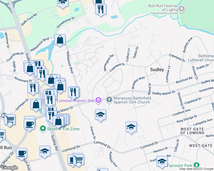 map of restaurants, bars, coffee shops, grocery stores, and more near 10324 Trundle Place in Manassas