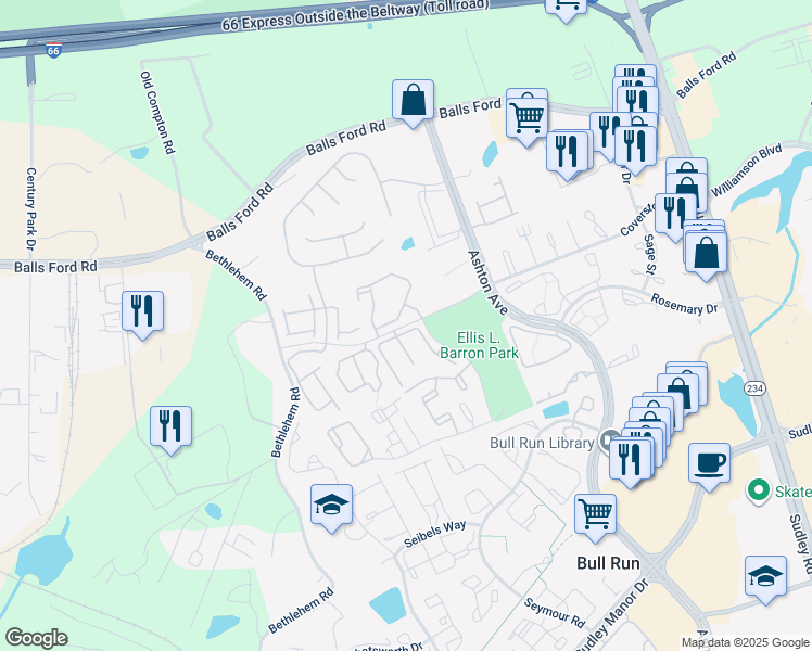 map of restaurants, bars, coffee shops, grocery stores, and more near 8309 Chatsworth Drive in Manassas