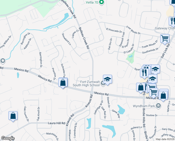 map of restaurants, bars, coffee shops, grocery stores, and more near 1701 Belleau Creek Road in St. Peters