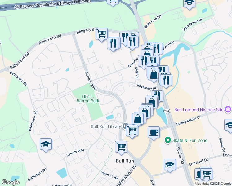 map of restaurants, bars, coffee shops, grocery stores, and more near 7606 Orchid Court in Manassas