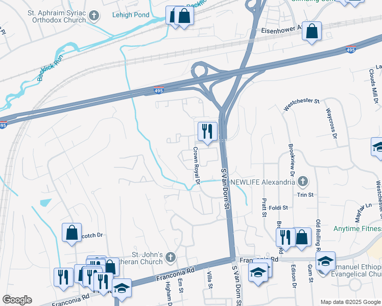 map of restaurants, bars, coffee shops, grocery stores, and more near 5901 Founders Hill Drive in Alexandria