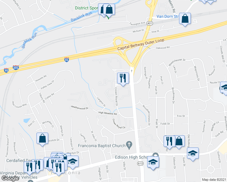 map of restaurants, bars, coffee shops, grocery stores, and more near 5901 Founders Hill Drive in Alexandria