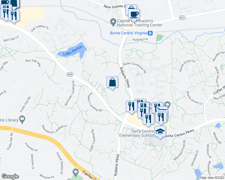 map of restaurants, bars, coffee shops, grocery stores, and more near 5909 First Landing Way in Burke