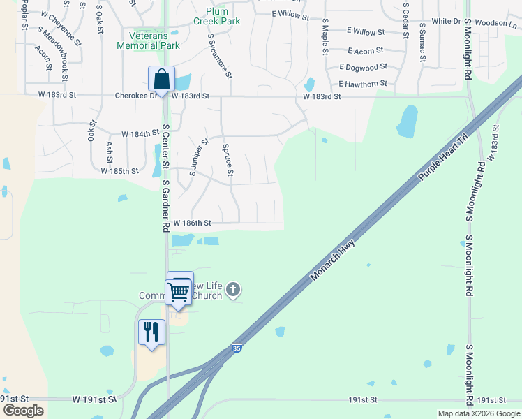 map of restaurants, bars, coffee shops, grocery stores, and more near 18517 South Mulberry Street in Gardner