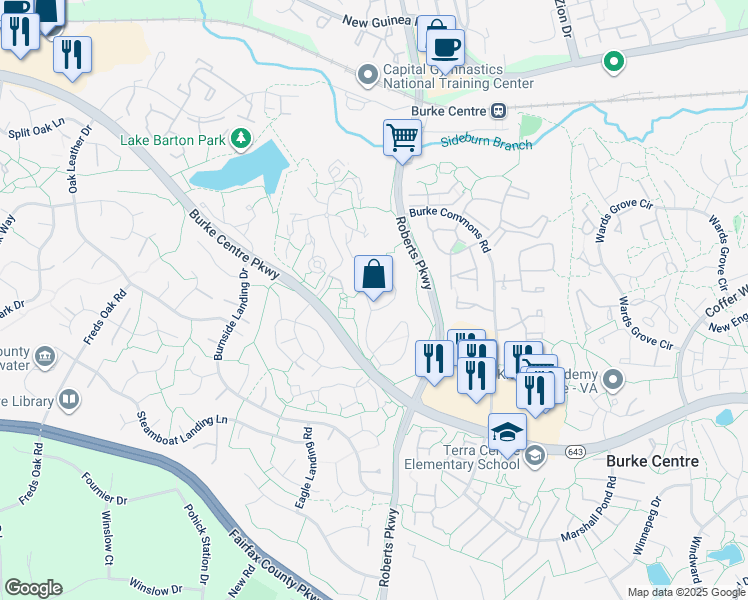map of restaurants, bars, coffee shops, grocery stores, and more near 5909 First Landing Way in Burke