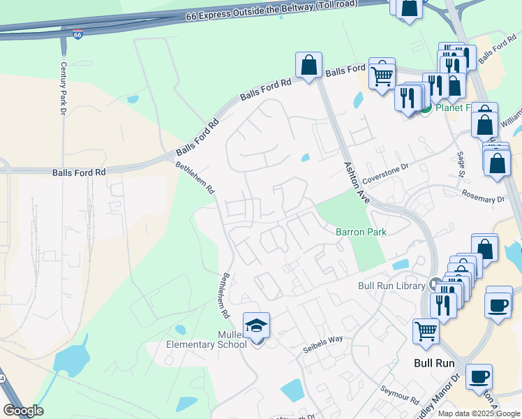 map of restaurants, bars, coffee shops, grocery stores, and more near 11234 Creek Ford Terrace in Manassas
