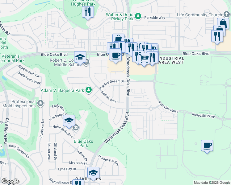 map of restaurants, bars, coffee shops, grocery stores, and more near 8972 Rising Mist Way in Roseville