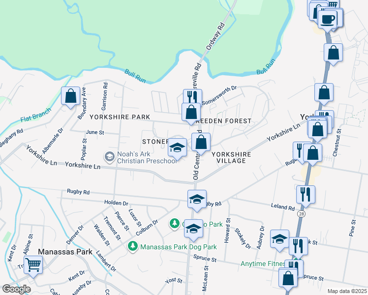 map of restaurants, bars, coffee shops, grocery stores, and more near 8628 Newton Place in Manassas