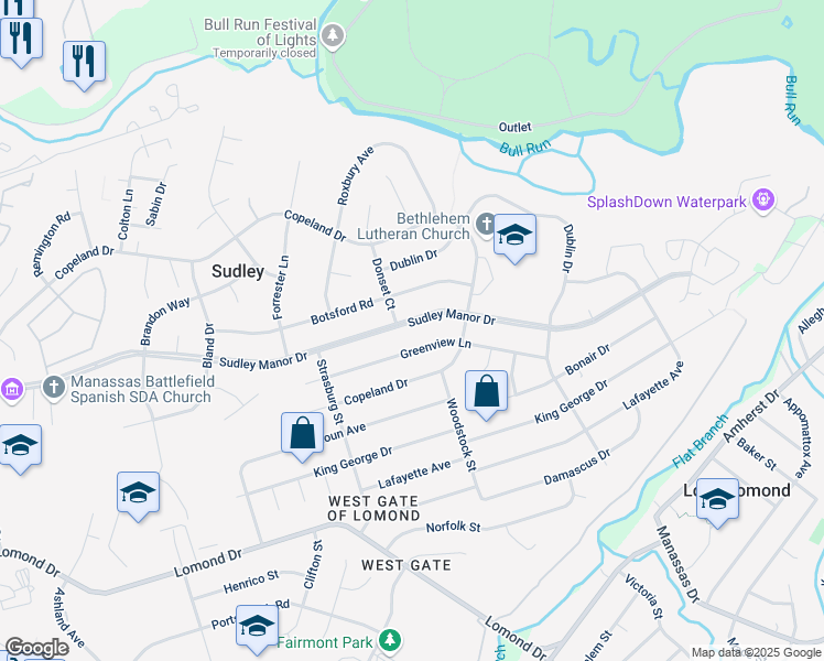 map of restaurants, bars, coffee shops, grocery stores, and more near 9713 Sudley Manor Drive in Manassas