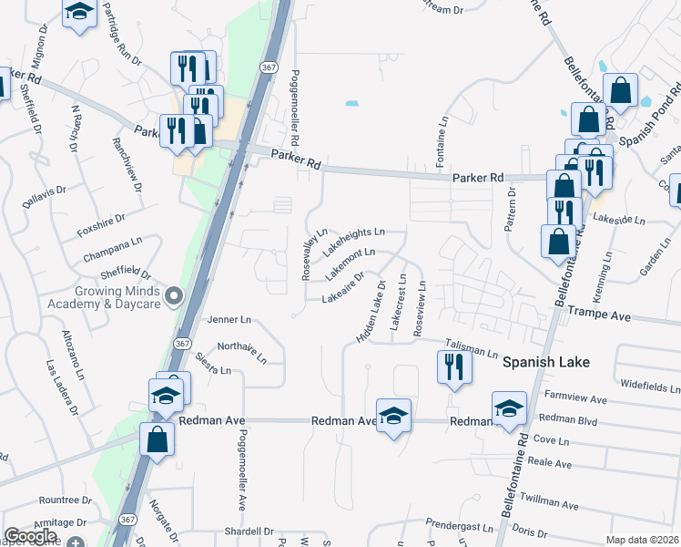 map of restaurants, bars, coffee shops, grocery stores, and more near 1912 Lakemont Lane in St. Louis