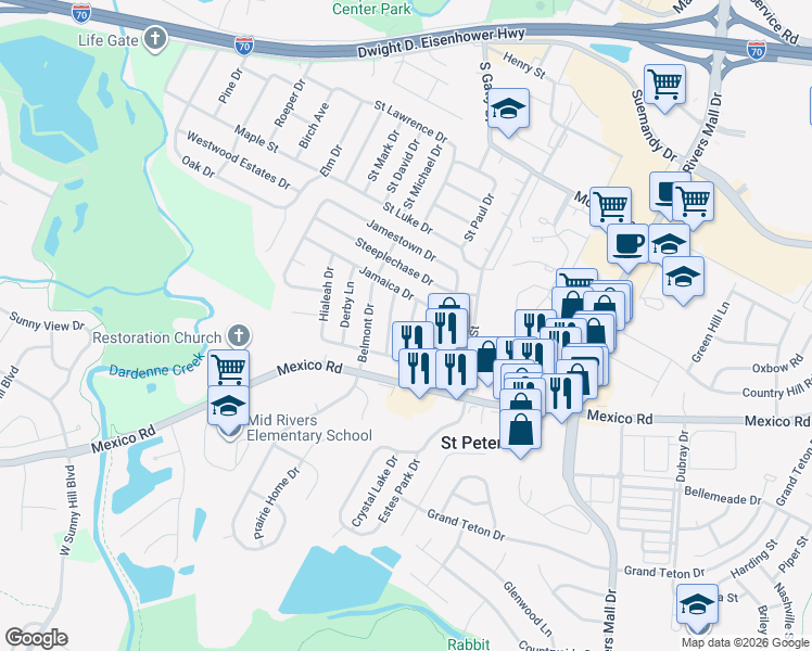 map of restaurants, bars, coffee shops, grocery stores, and more near 3 Bluegrass Lane in St. Peters