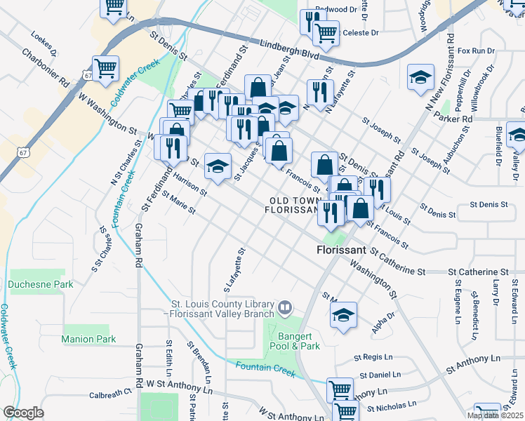 map of restaurants, bars, coffee shops, grocery stores, and more near 680 Washington Street in Florissant