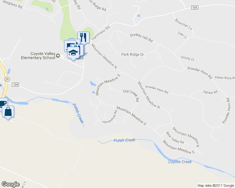 map of restaurants, bars, coffee shops, grocery stores, and more near 19425 Old Creek Road in Hidden Valley Lake