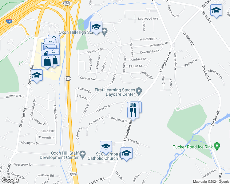 map of restaurants, bars, coffee shops, grocery stores, and more near 930 White Oak Drive in Oxon Hill