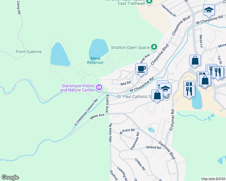 map of restaurants, bars, coffee shops, grocery stores, and more near 2024 West Cheyenne Road in Colorado Springs
