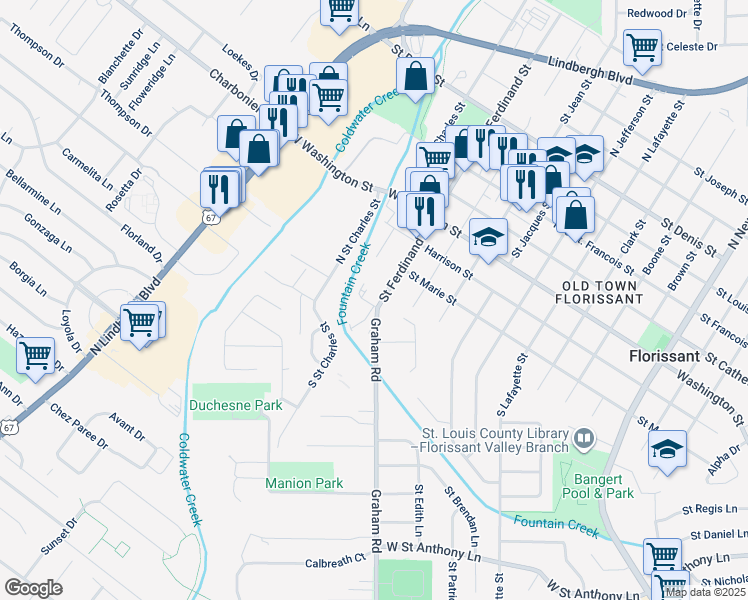 map of restaurants, bars, coffee shops, grocery stores, and more near 125 Saint Ferdinand Street in Florissant