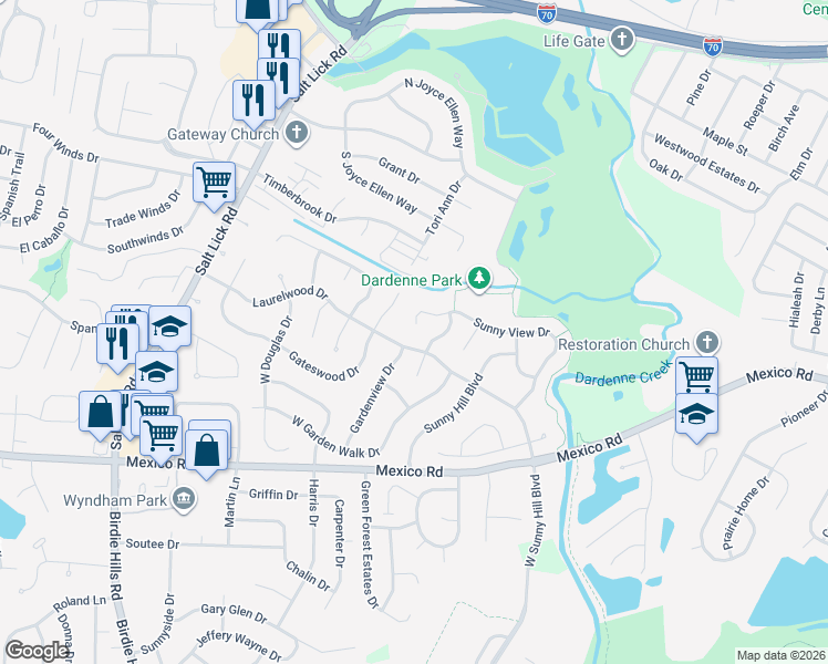 map of restaurants, bars, coffee shops, grocery stores, and more near 82 Sunny View Drive in St. Peters