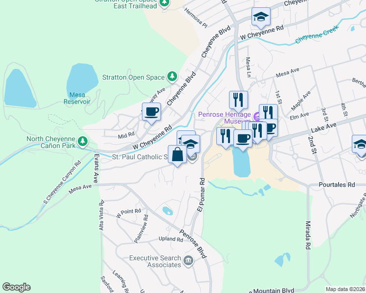 map of restaurants, bars, coffee shops, grocery stores, and more near 1600 Pine Grove Avenue in Colorado Springs