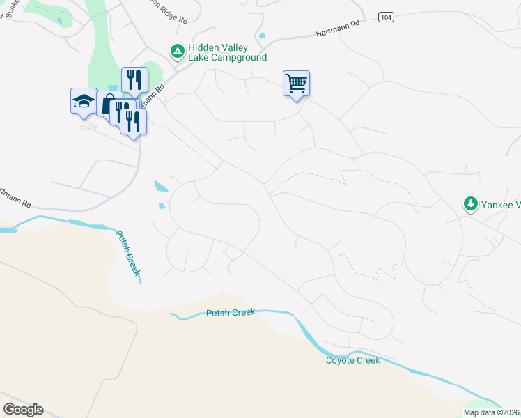 map of restaurants, bars, coffee shops, grocery stores, and more near 19518 Old Creek Road in Hidden Valley Lake