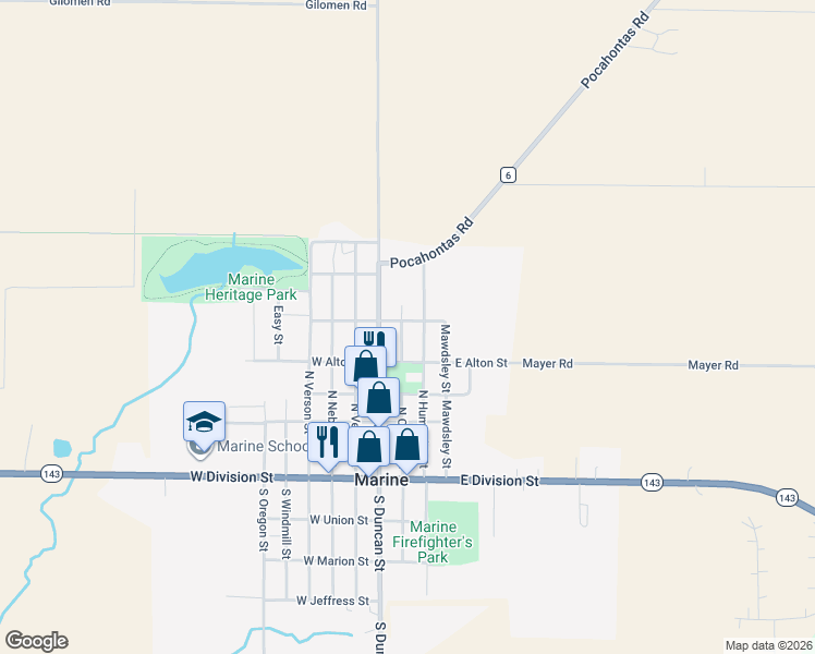 map of restaurants, bars, coffee shops, grocery stores, and more near 205 East Linden Street in Marine
