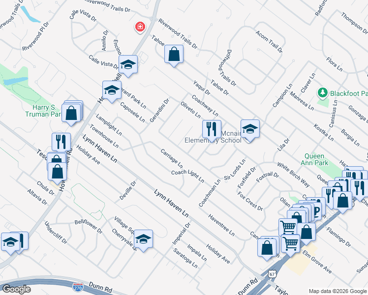 map of restaurants, bars, coffee shops, grocery stores, and more near 7314 Caione Court in Hazelwood