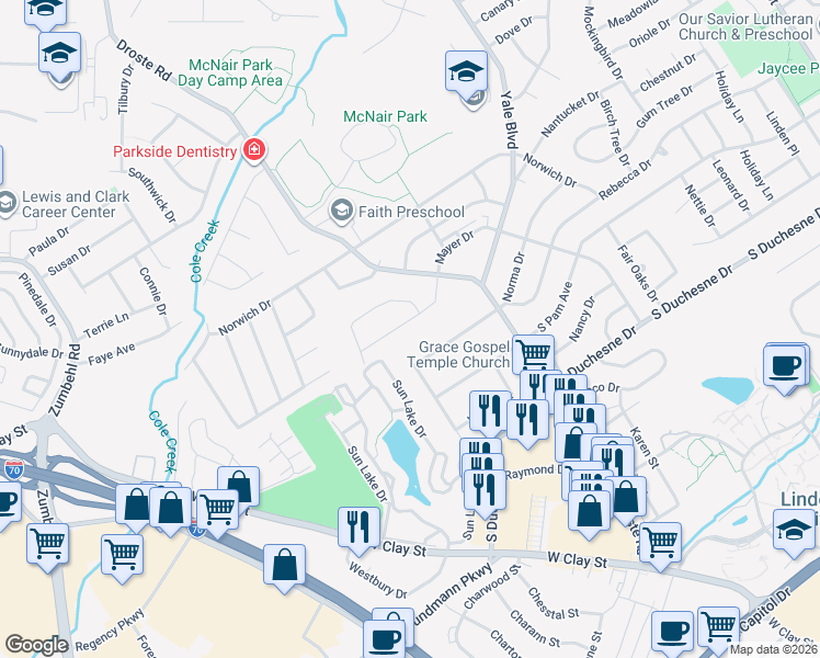 map of restaurants, bars, coffee shops, grocery stores, and more near 805 Mayer Drive in Saint Charles