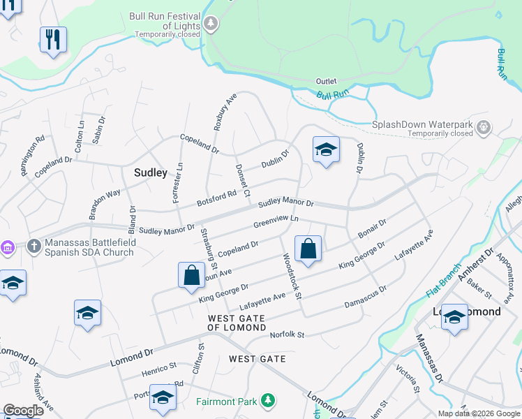 map of restaurants, bars, coffee shops, grocery stores, and more near 9713 Sudley Manor Drive in Manassas
