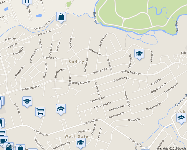 map of restaurants, bars, coffee shops, grocery stores, and more near 9909 Botsford Road in Manassas