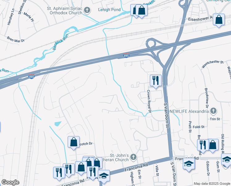 map of restaurants, bars, coffee shops, grocery stores, and more near 6026 Knights Ridge Way in Alexandria