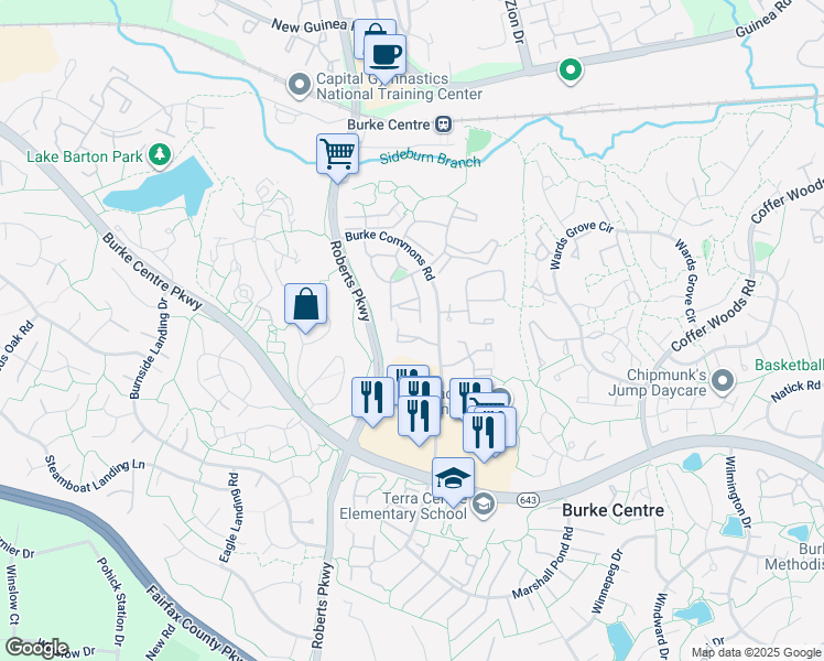 map of restaurants, bars, coffee shops, grocery stores, and more near 10212 Faire Commons Court in Burke